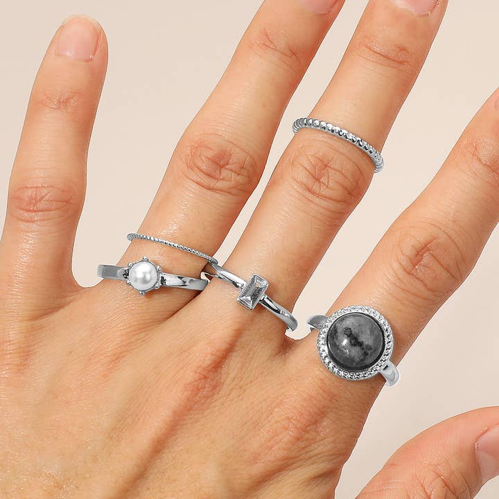 5PCS - Elegant Gemstone Pearl Accented Stackable Ring Set for wholesale by Sensibling Corp.