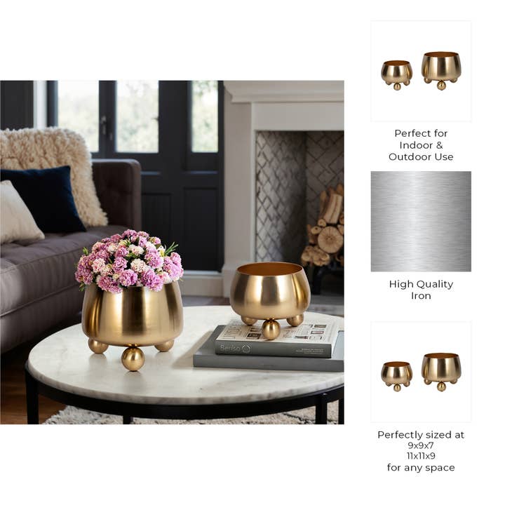 Sagebrook Home - Wholesale Plant Pot - Gold 9/11 in. Round Metal Planters with Ball Feet (Set of 2)