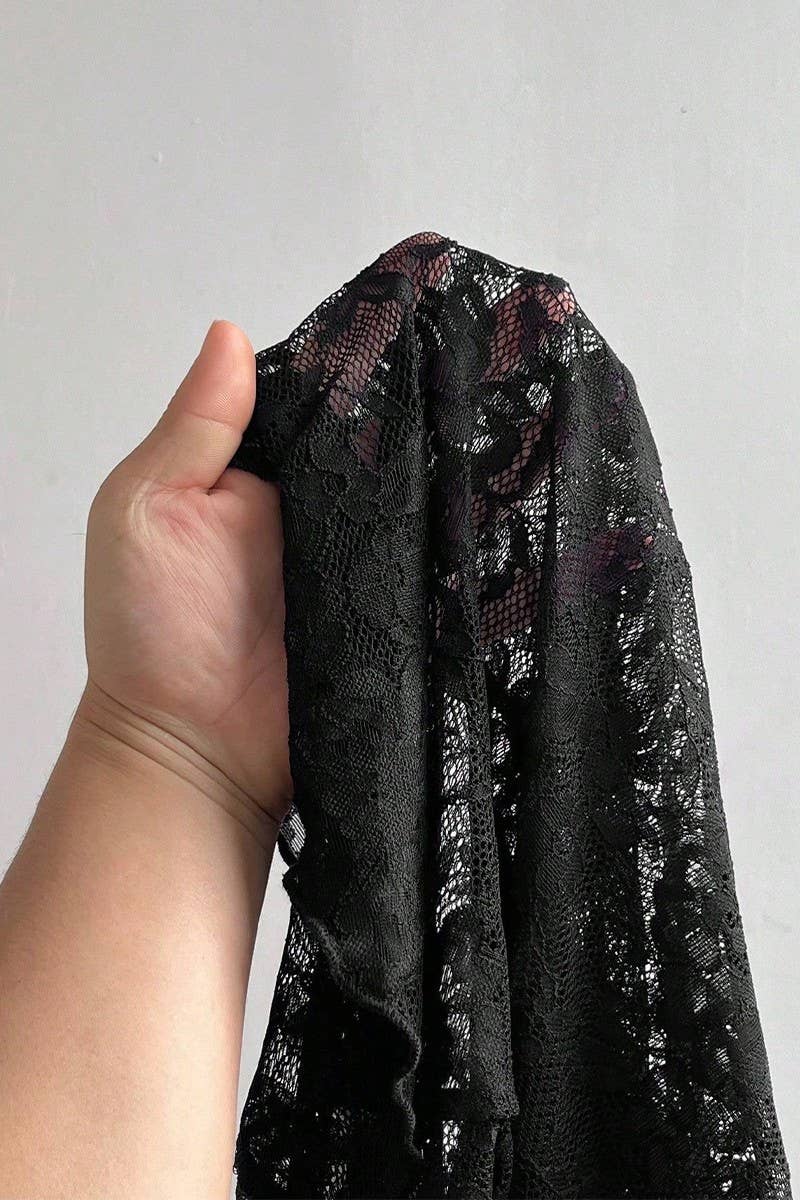 NOIR CWTBLL3844_HAUT À MANCHES LONGUES AJUSTÉ EN DENTELLE ROSE TRANSPARENTE en vente sur Faire5