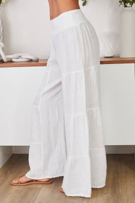 White LINEN TIERED PALAZZO PANT (2-36/255005-WHITE) for wholesale on Faire2