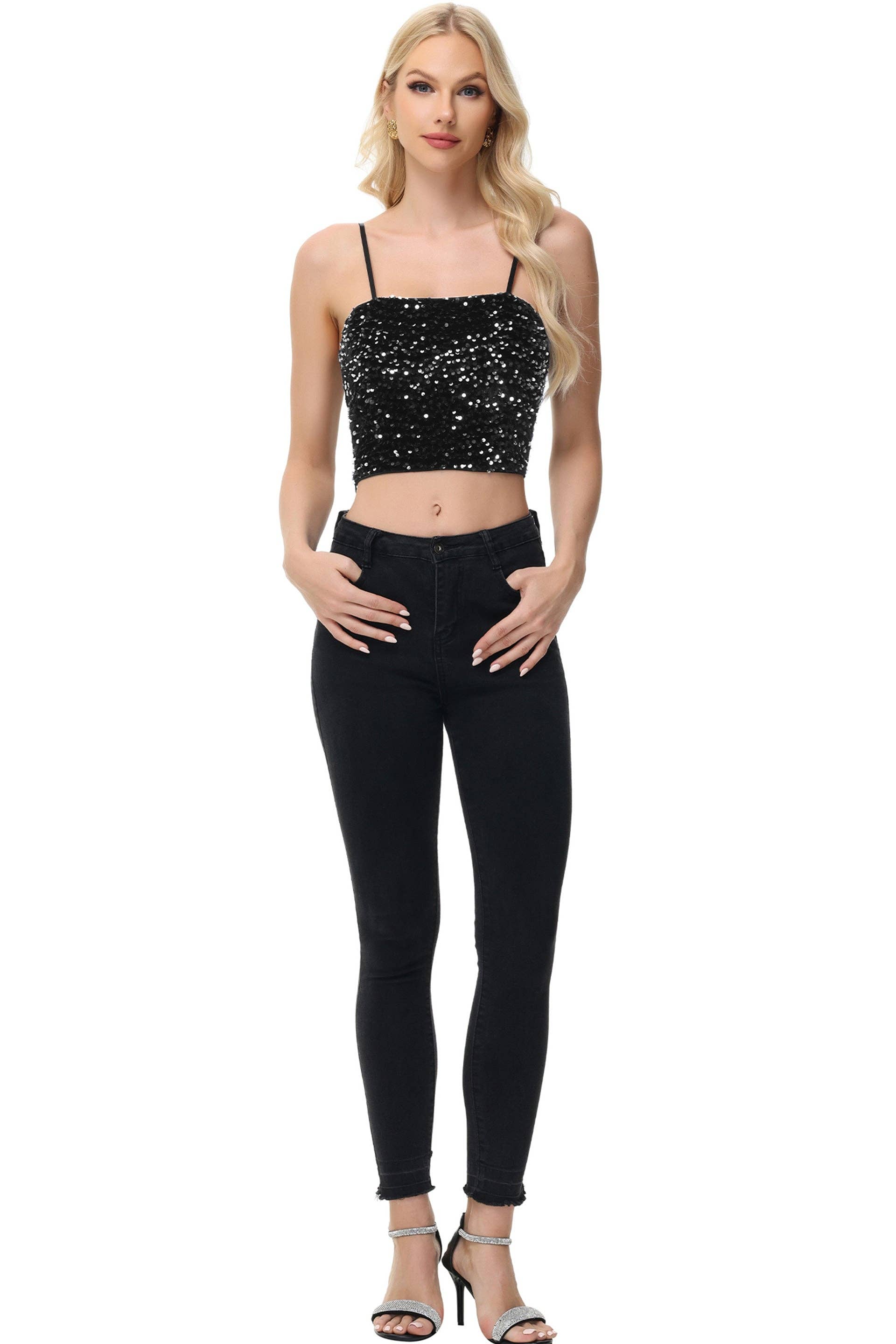 Anna Kaci Wholesale - Wholesale Camisole - Women's - Sparkly Sequin Cami Tops Crop Club Party Glitter Spaghetti10