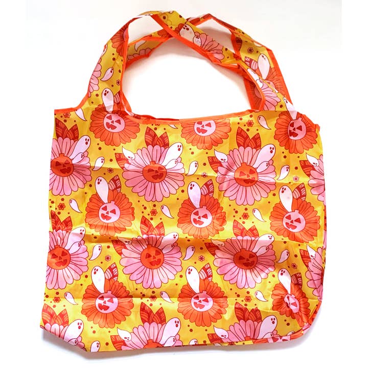 Krystan Saint Cat - Wholesale Grocery/Shopping Bag - Spooky Retro Ghost Floral Fold-Up Reusable Grocery Bag3