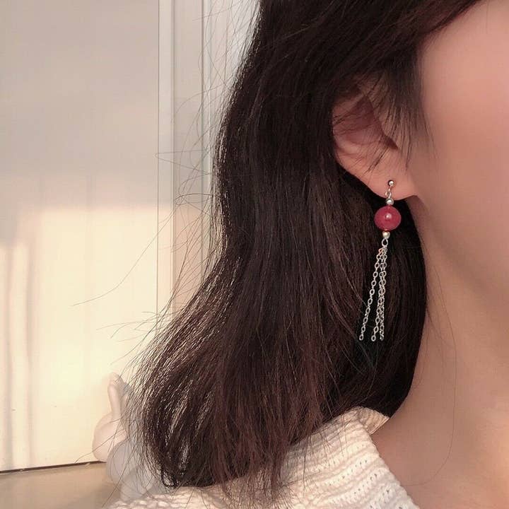 Haengseongworkshop - Wholesale Dangle Earrings - Chinese Style Gold/Silver Lantern Lunar New Year Elegant 8mm Red Jade Earrings 7cm
