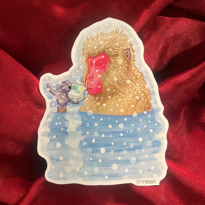 SNOW MONKEY DRINKING TEA Waterproof STICKER for wholesale by Castle McQuade