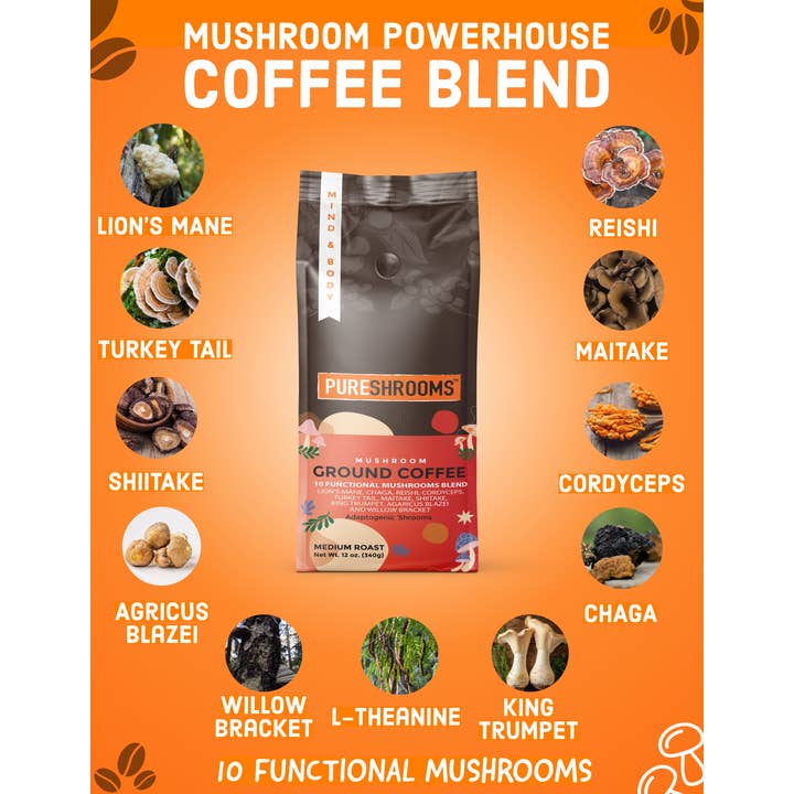 PureShrooms Inc. - Wholesale Ground coffee - PureShrooms Perfect 10 Mushroom Ground Coffee | Best Seller2