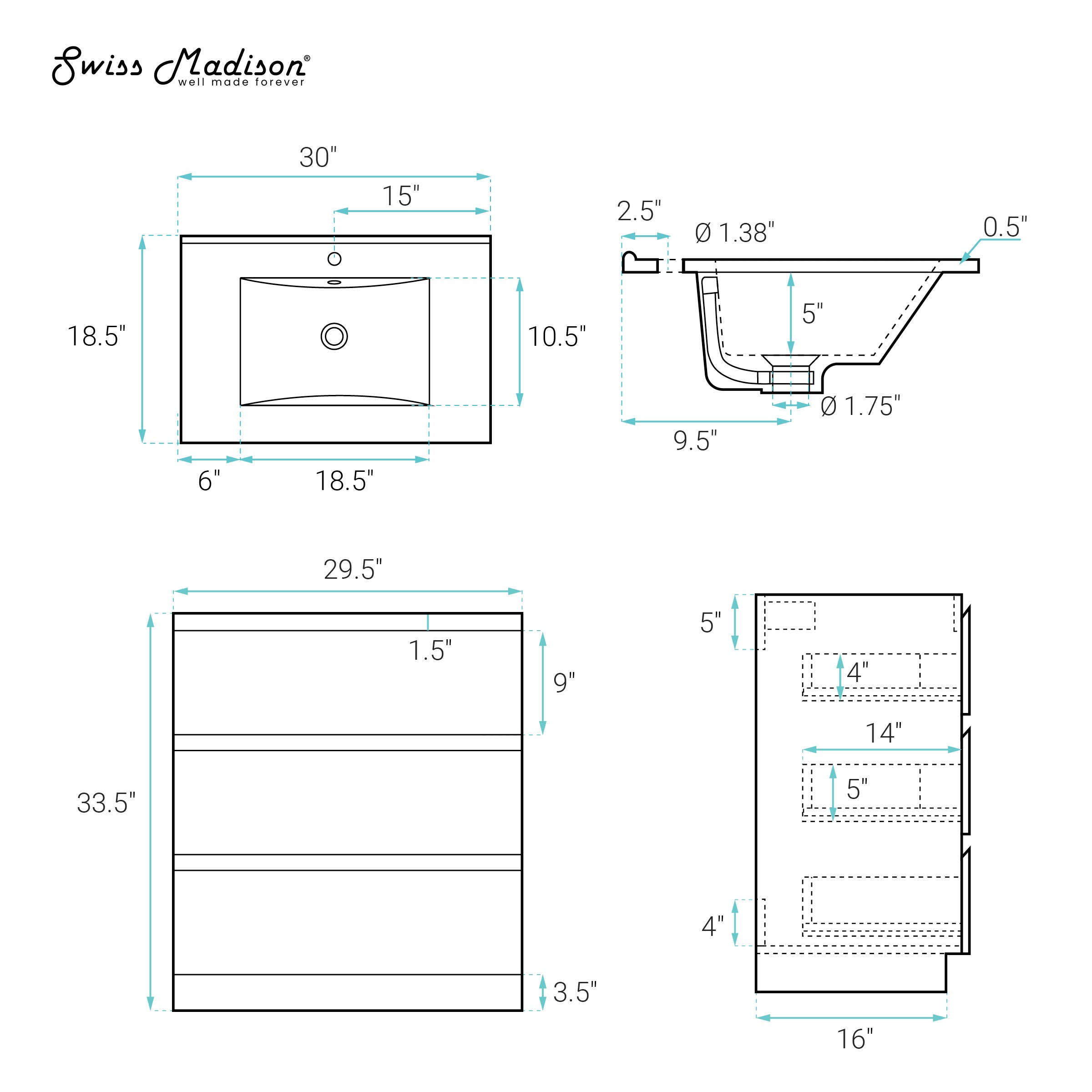 Swiss Madison - Wholesale Cabinet - Liberte 30" Freestanding Vanity White Oak w/ Sink4