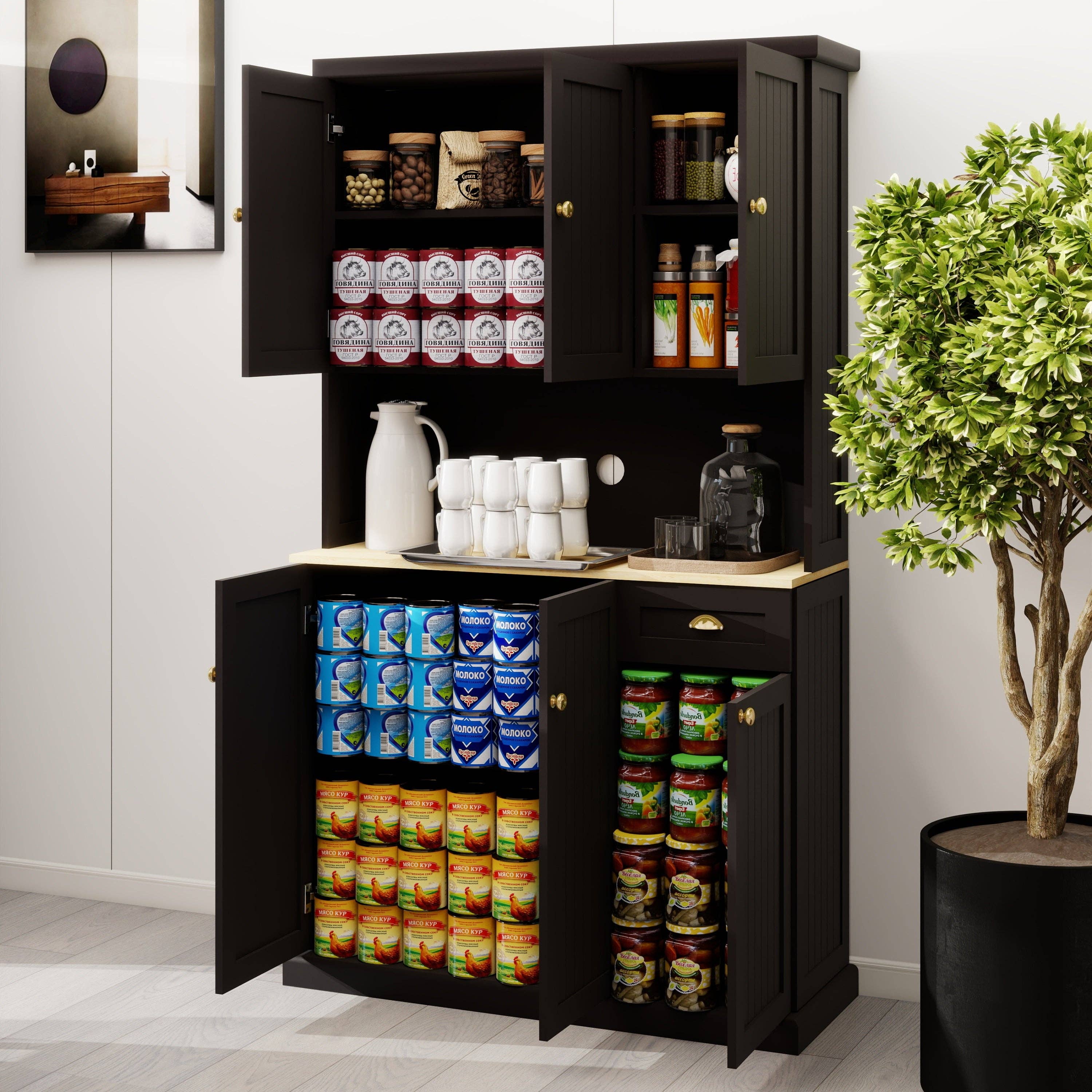 39F Inc. - Wholesale Cabinet - Black Kitchen Pantry Cabinet with Microwave Countertop3