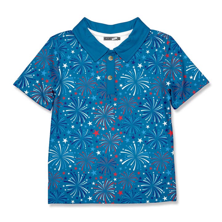 Boys Blue Fireworks USA Polo Shirt for wholesale by Millie Loves Lily