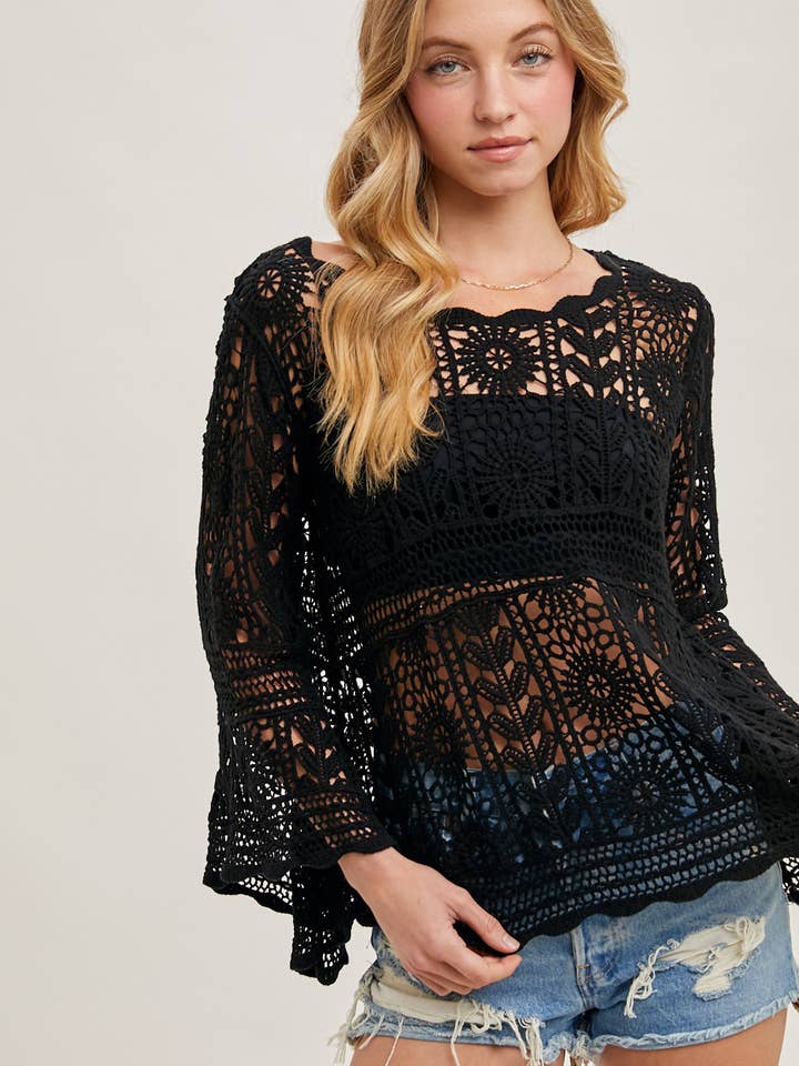 Bluivy - Wholesale Knit Top - Women's - CROCHET SHEER BELL-SLEEVE PULLOVER TOP15