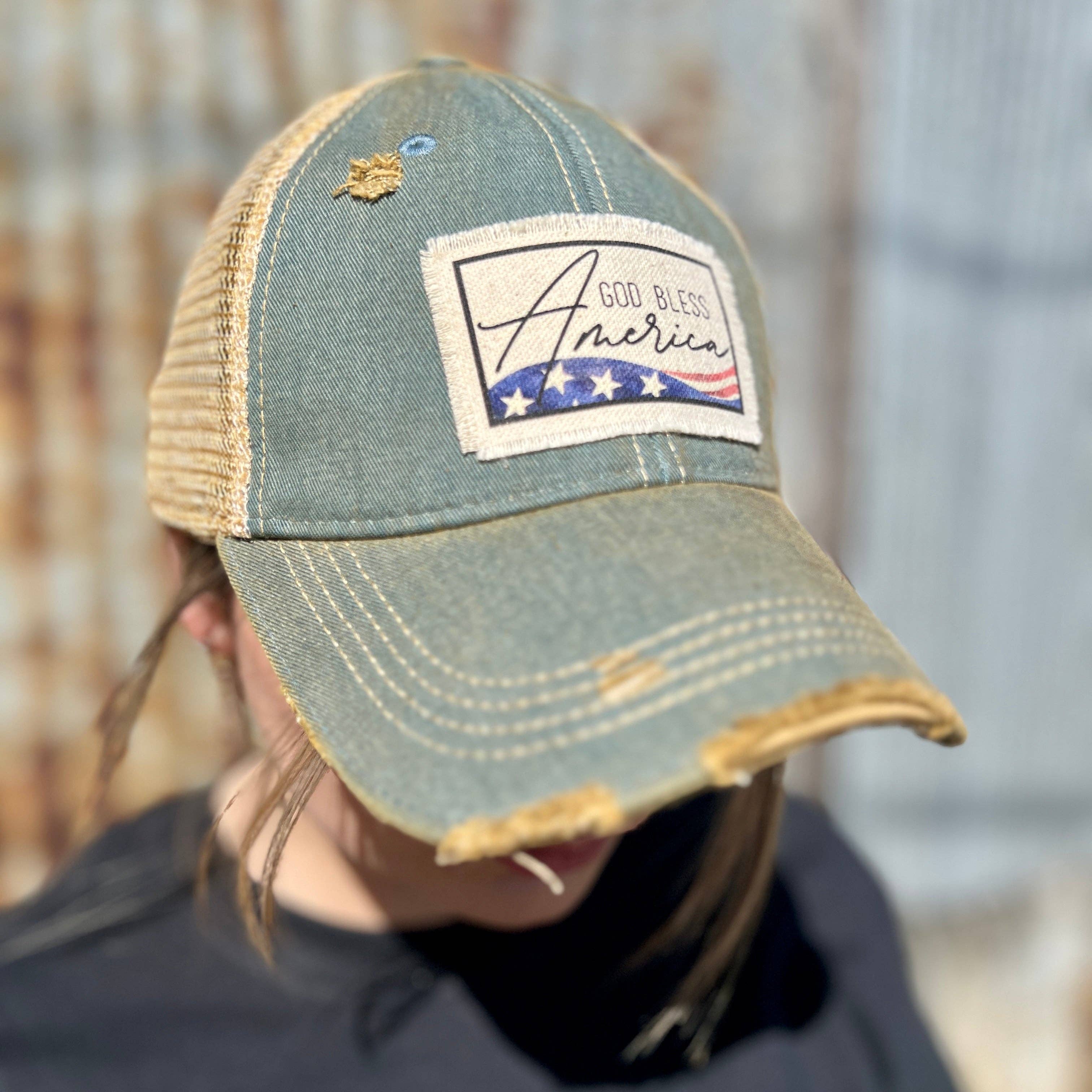 Wholesale Vintage Washed Denim God Bless America Baseball