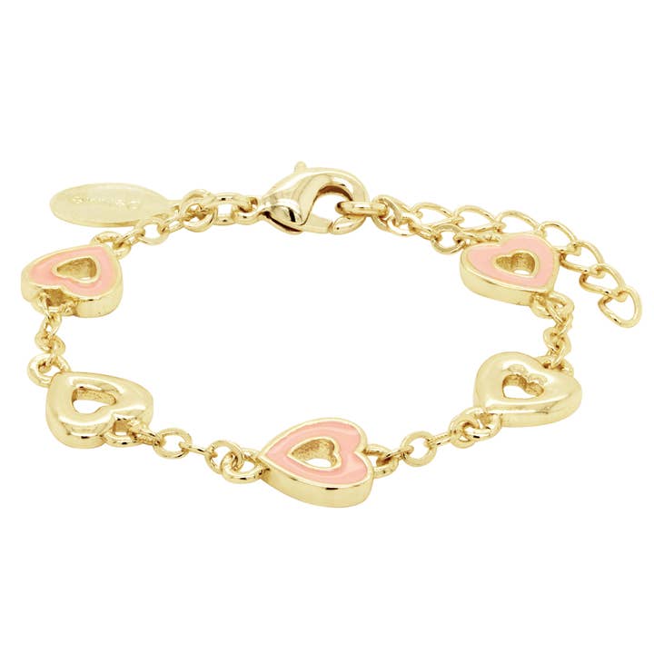 Coeurs ouverts en émail rose et or, bracelet en laiton doré pour la vente par Dlux Jewels