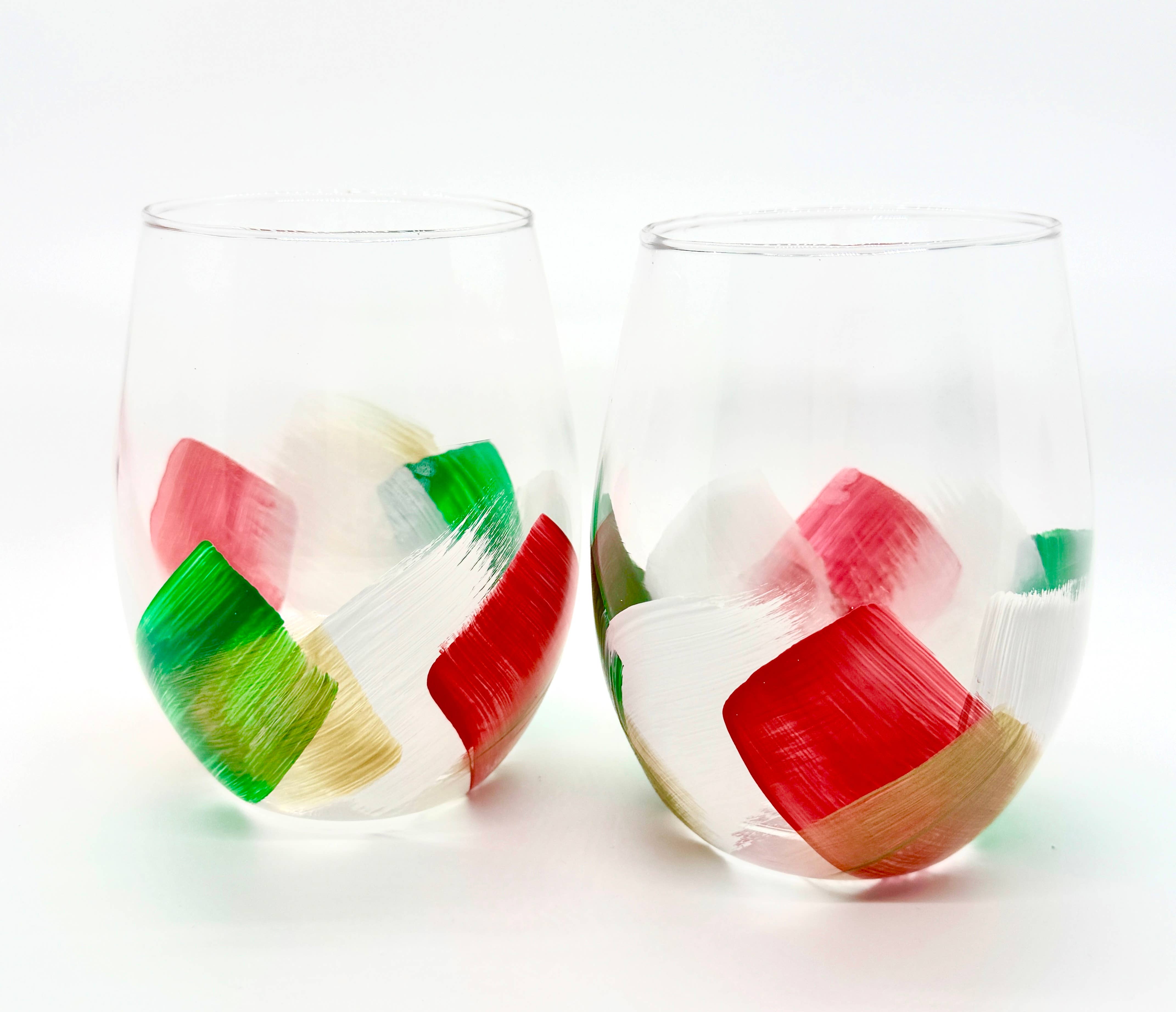 Heather Eck Artist LLC - Wholesale Wine Glass - Christmas | Stemless Wine Glasses | Holiday Wine Red Green1
