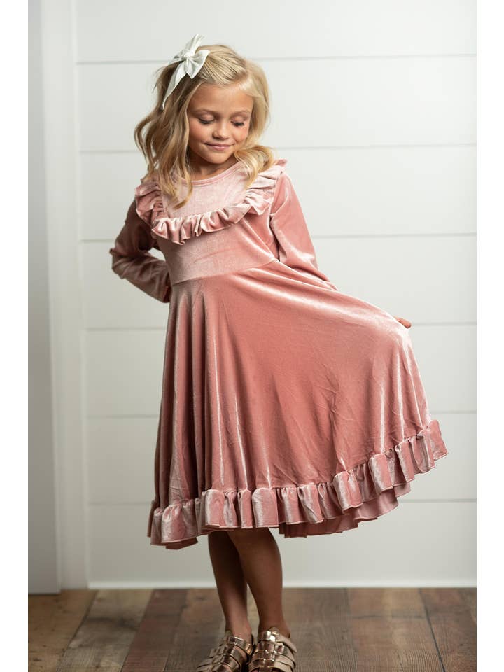 Adorable Sweetness - Wholesale Dress - Kids - Kids Pink Velvet Ruffle Fancy Winter Christmas Holiday Dress