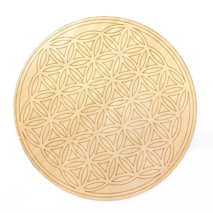 Shamans Crystal - Wholesale Crystal Grid - Crystal Grid Plates Round In Wood, 20cm Wide, Flower of Life10