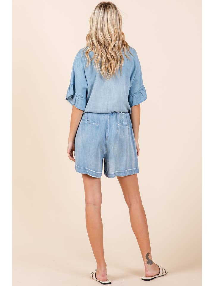 mittoshop - Wholesale Shorts - Women's - WASHED CHAMBRAY ELASTIC WAIST EASY FIT SHORTS