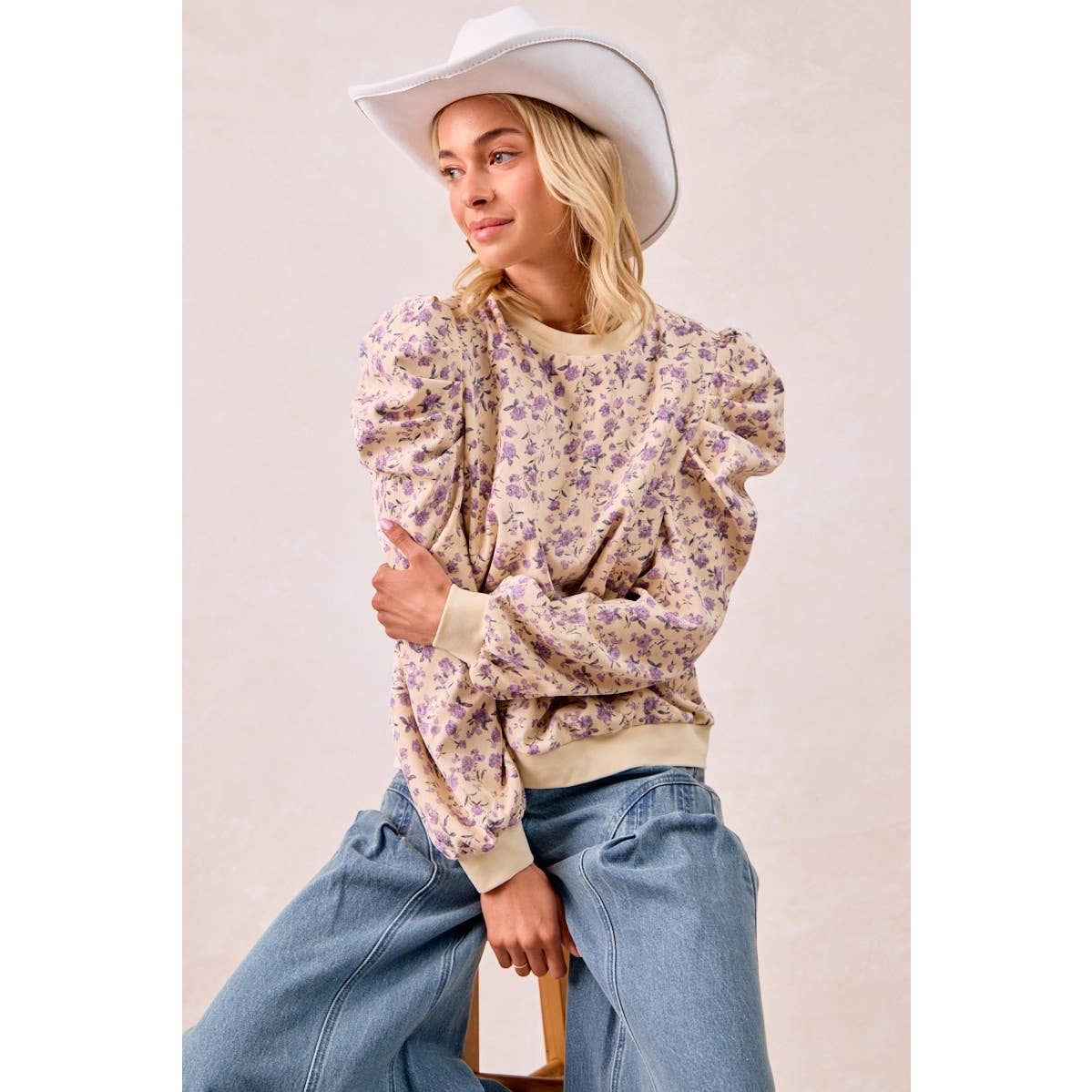 CREAM LAVENDER FLORAL PRINTED CORDUROY TOP for wholesale on Faire2