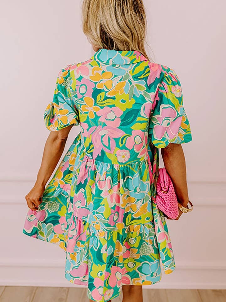 Lovesoft - Wholesale Dress - Women's - Floral Puff Sleeve Collar Buttoned Babydoll Dress5