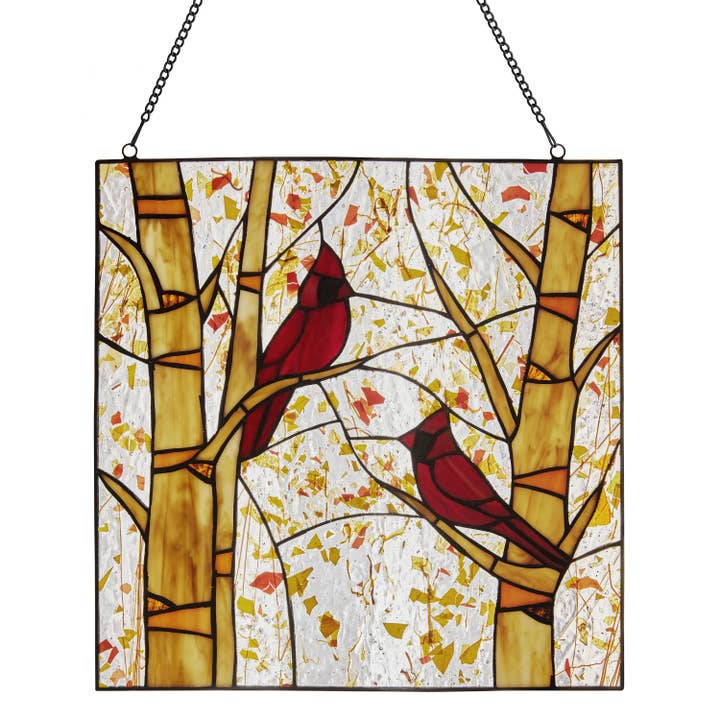 River of Goods - Wholesale Suncatcher - 14"H Eden Red Cardinals in Autumn Stained Glass Window Panel