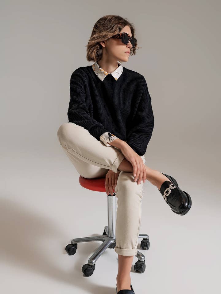 Pull décontracté en tricot épais noir pour la vente par Q2—All Orders:Free Duties for the US,UK,and Canada