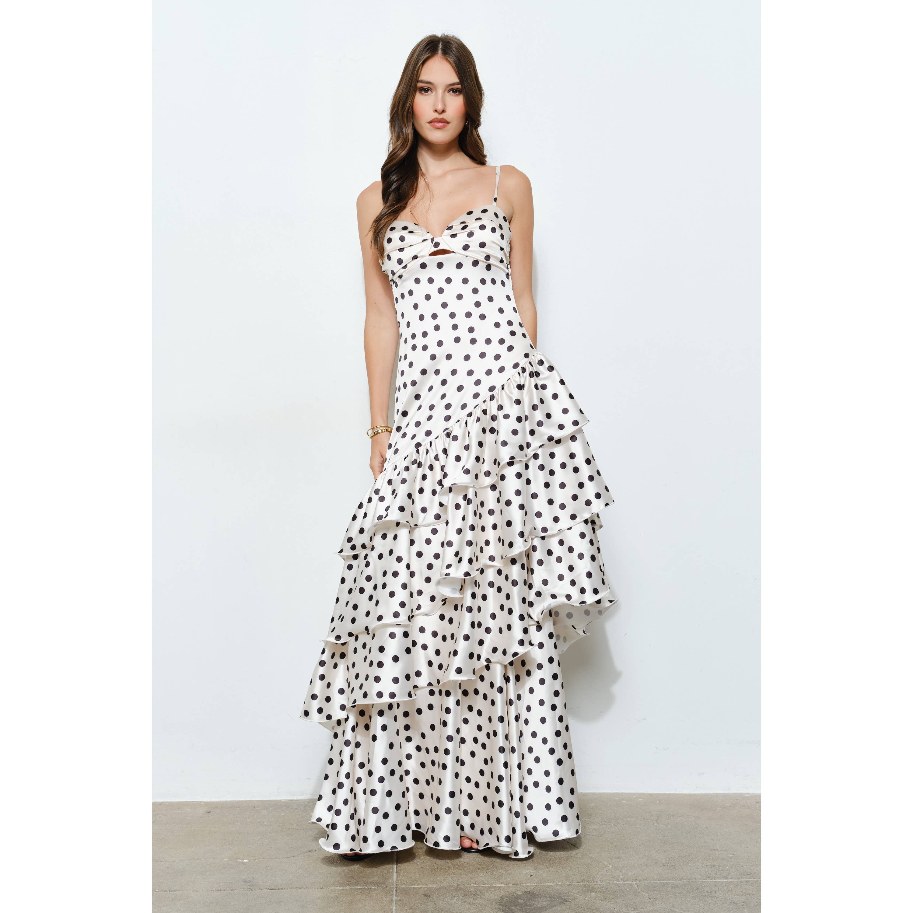 INA – wholesale Dress – Women's – Satin Polka Dot Tiered Ruffle Maxi Dress17