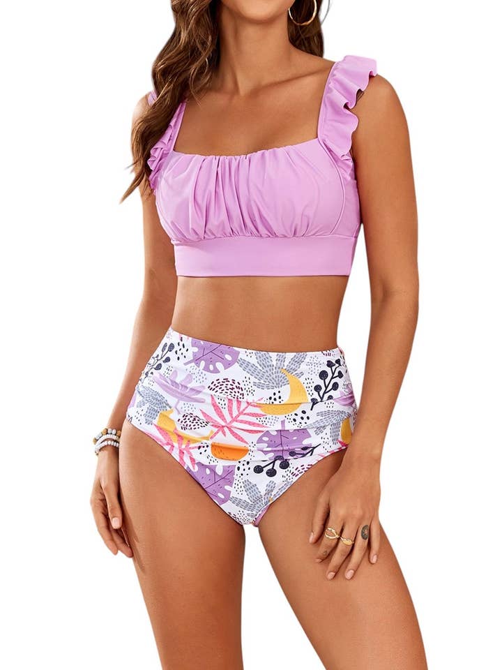 Ruffle Strap Bikini with Leaf Print Bottom for wholesale by Anna Kaci Wholesale