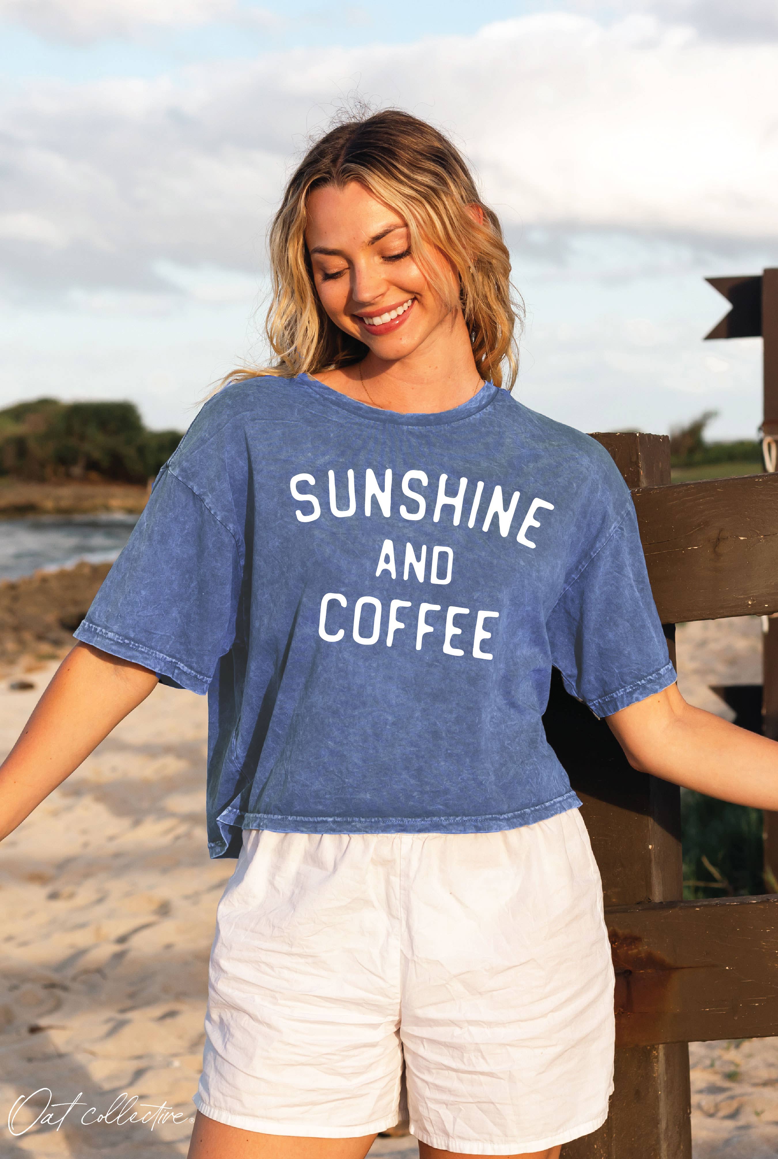 OAT COLLECTIVE - Wholesale Screen Printed T-Shirt - Women's - SUNSHINE AND COFFEE Cropped Mineral Washed Graphic Top
5