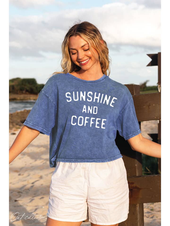 OAT COLLECTIVE - Wholesale Screen Printed T-Shirt - Women's - SUNSHINE AND COFFEE Cropped Mineral Washed Graphic Top
5
