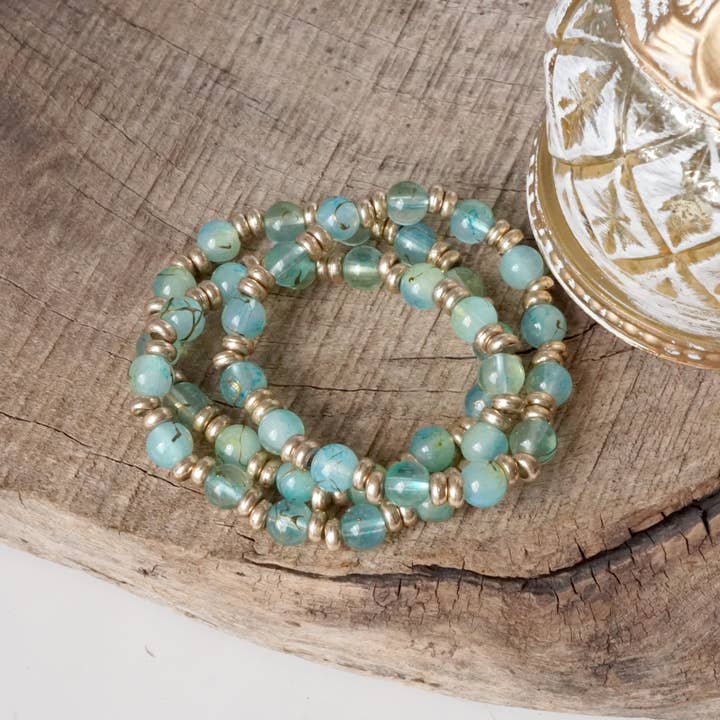 PennyLine inc - Wholesale Beaded Bracelet - Glass Beaded Bracelet Stack with Worn Gold Accents – Green, Cream, or Gray