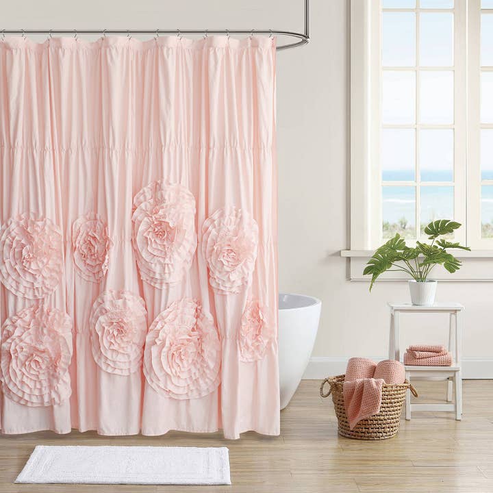 Bohemian Ruffled Shower Curtain - Oversized Floral Print, Heavy Fabric with Elegant Draping for Bathroom, 72"x72" for wholesale by HIG