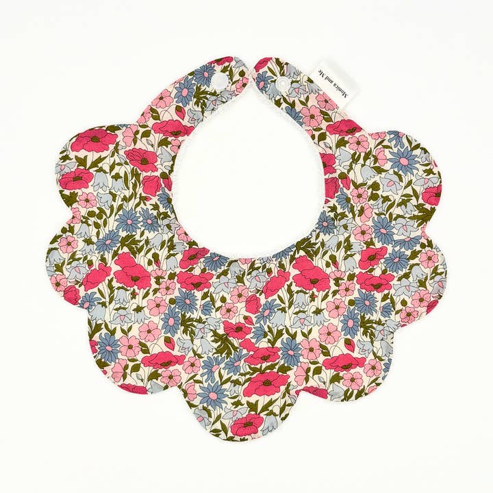 Poppy & Daisy Pink & Blue - Liberty Scalloped Dribble Bib for wholesale by Monica and Me Ltd