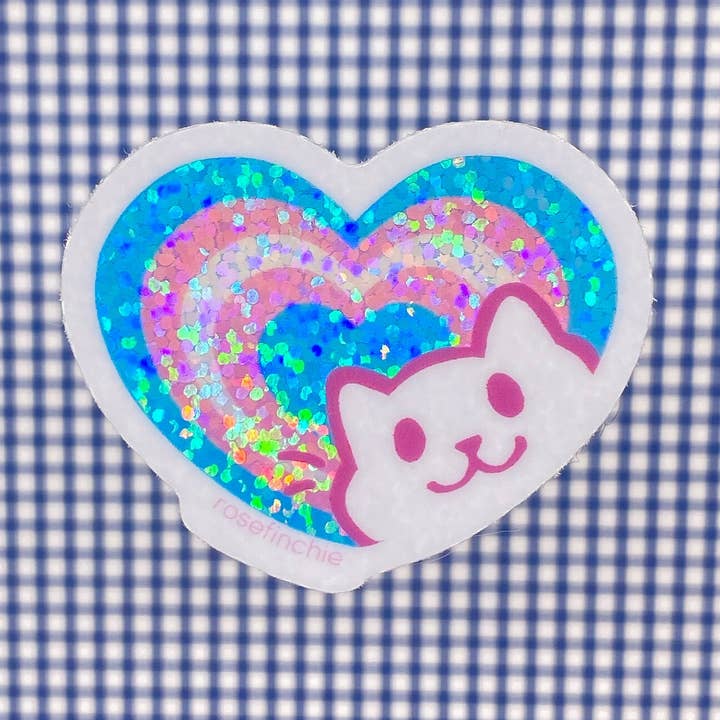 rosefinchie - Wholesale Sticker - Trans Pride Cat Heart - 2” LGBT Glitter Sticker0
