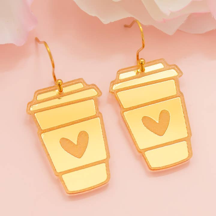 Coffee Cup Gold Mirror Acrylic Earrings, Handmade for wholesale by Momenti di Vita