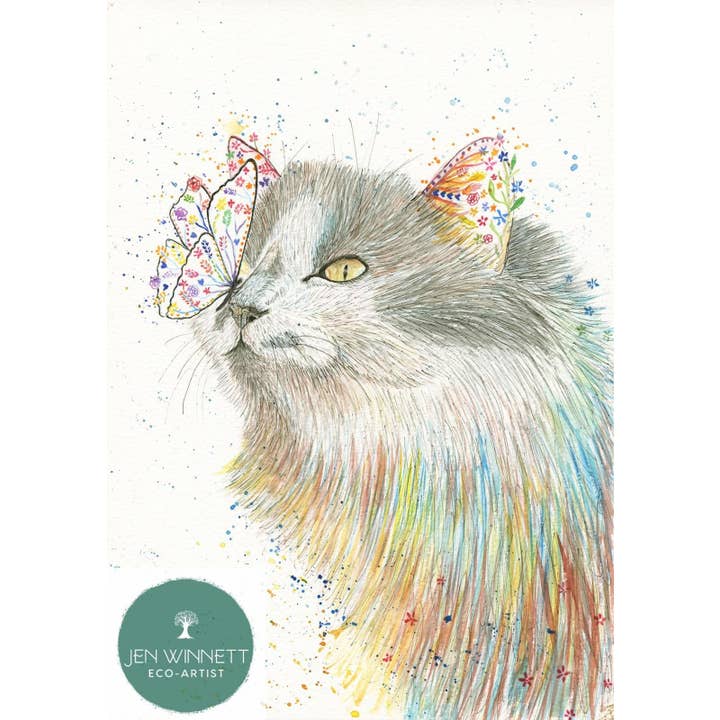 Cat with butterfly | Signed Art Print | Animal Artwork Cute for wholesale by Jen Winnett Eco Artist