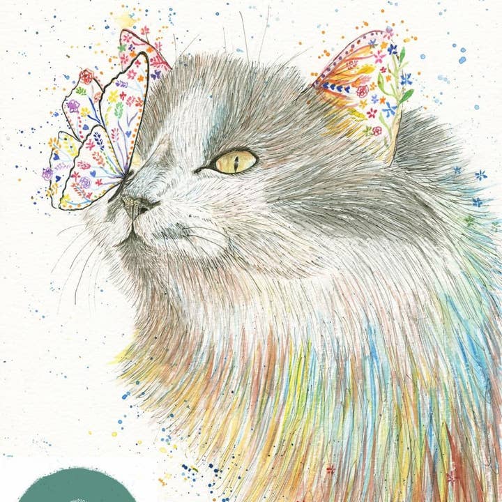 Gatto con farfalla | Stampa artistica firmata | Grafica animale carina per la vendita all'ingrosso da parte di Jen Winnett Eco Artist