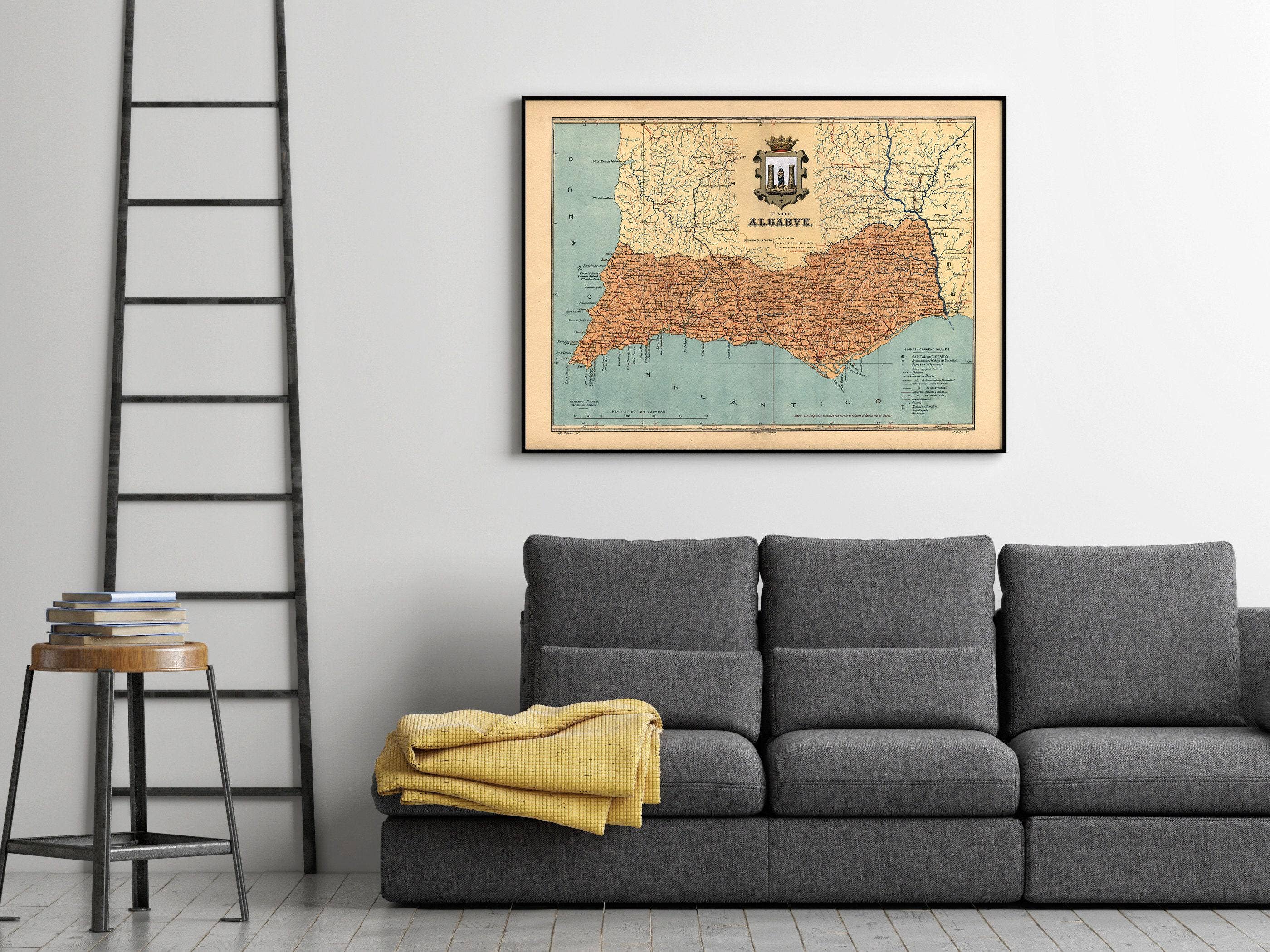 OldCityPrints - Old Maps and Posters – Engroshandel Kunsttryk – Gammelt kort over Algarve, Portugal 1920 | Vintage kort vægkunst print | Stort vægkort print af Algarve1