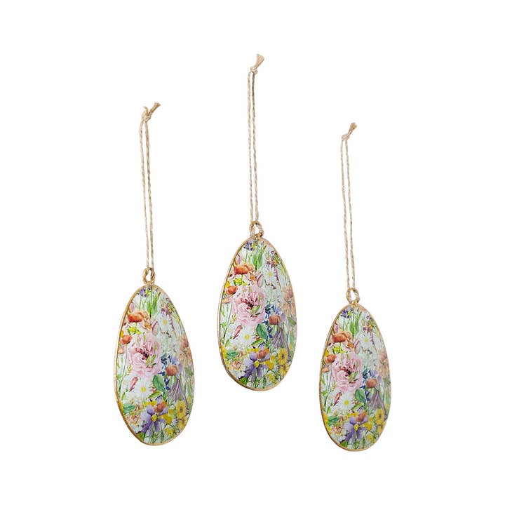 VHC Brands - Wholesale Ornament - Spring In Bloom Metal Floral Egg Ornament Set of 3 4x2.53