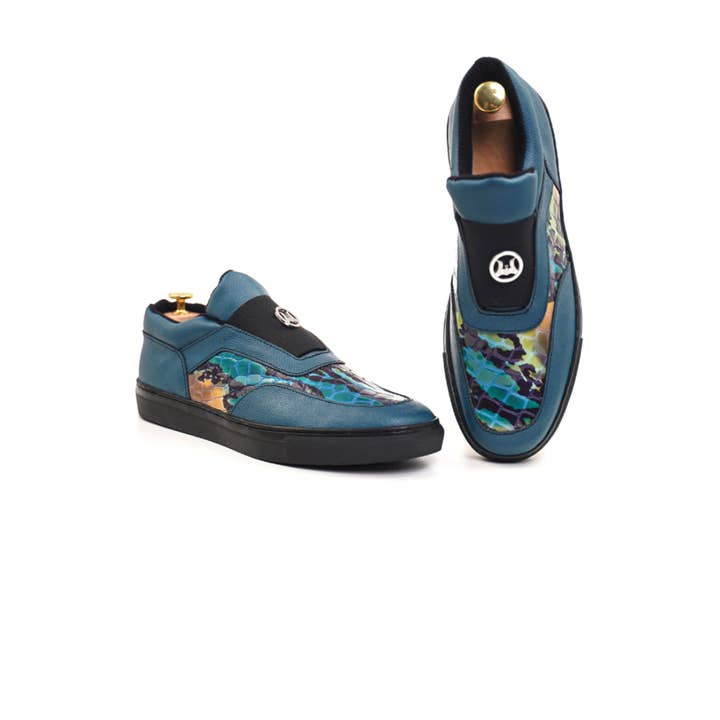 Glossy Blue Abstract Print Classic Sneakers for wholesale by Winston Luxury Leather