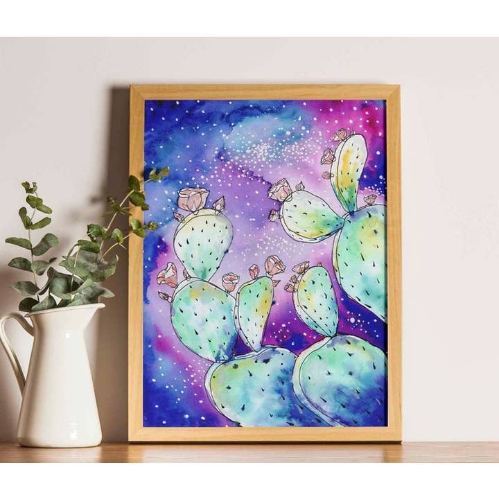 Cactus, galaxy watercolor print for wholesale by Mary Felker Art and Design