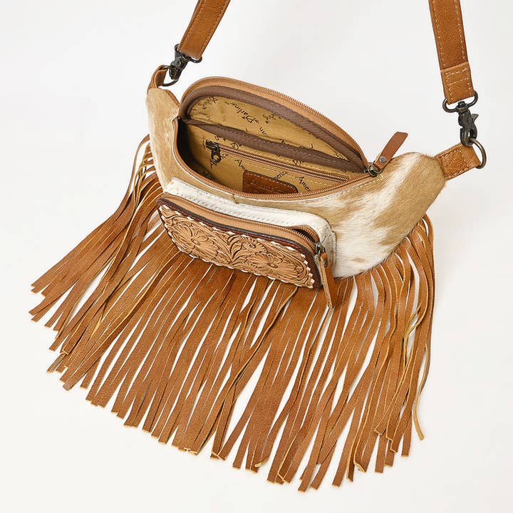 LS Western - Wholesale Belt bag – Women’s - ADBG1297 Cowhide Fringe Belt Bag - Western Fanny Pack with Hand Tooled Leather Front4