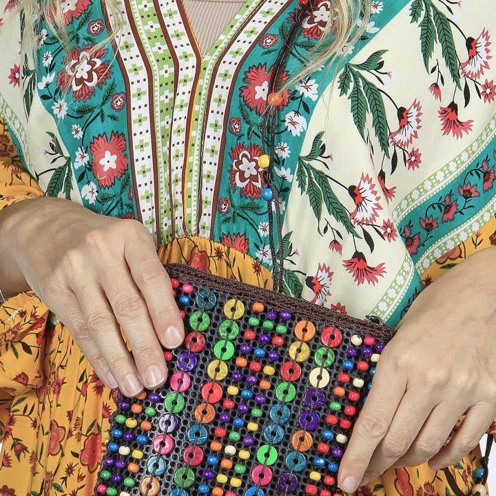 Crossbody Woven Colorful Wooden Beads Bag, 5 Assorted for wholesale by Kaleidoscope Accessories