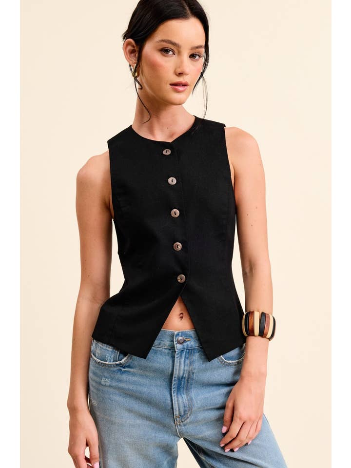 Mimosa - Wholesale Outerwear Vest - Women's - Open-Pack Button Down Sleeveless Round Neck Waistcoat Vest2