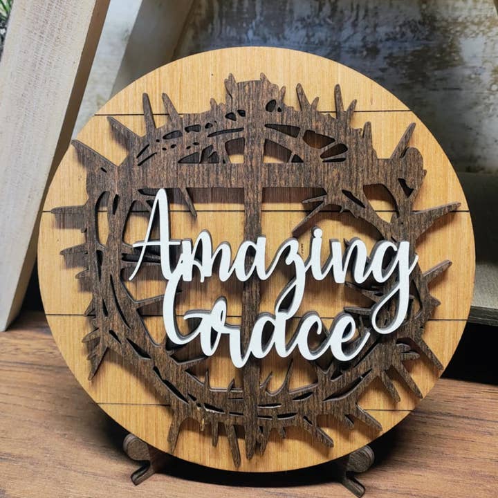 Heartland Decor - Wholesale Desk/tabletop sign - Amazing Grace Crown of Thorns Round with Stand1