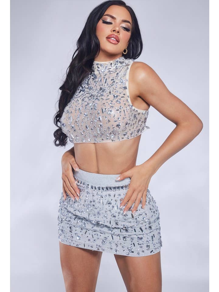 WFFS – Engroshandel Top- og nederdelsæt - Dame – Crop top og mininederdel i mesh med rhinsten, sæt1