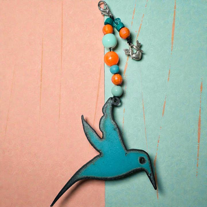 Hummingbird Recycled Metal Ornament Rust Bead Mobile Bird for wholesale by Iron Jewel