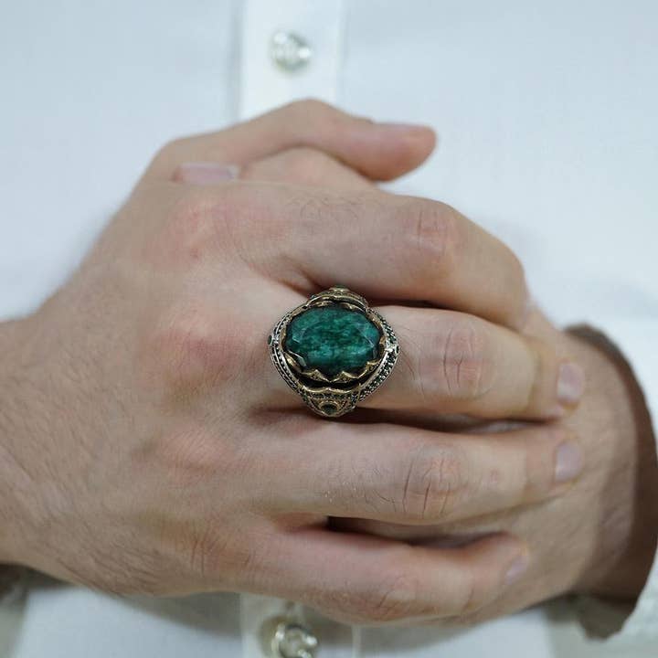 Ephesus Jewelry - Vente Bague de cocktail/de cérémonie - Bague émeraude pour homme en argent sterling massif3