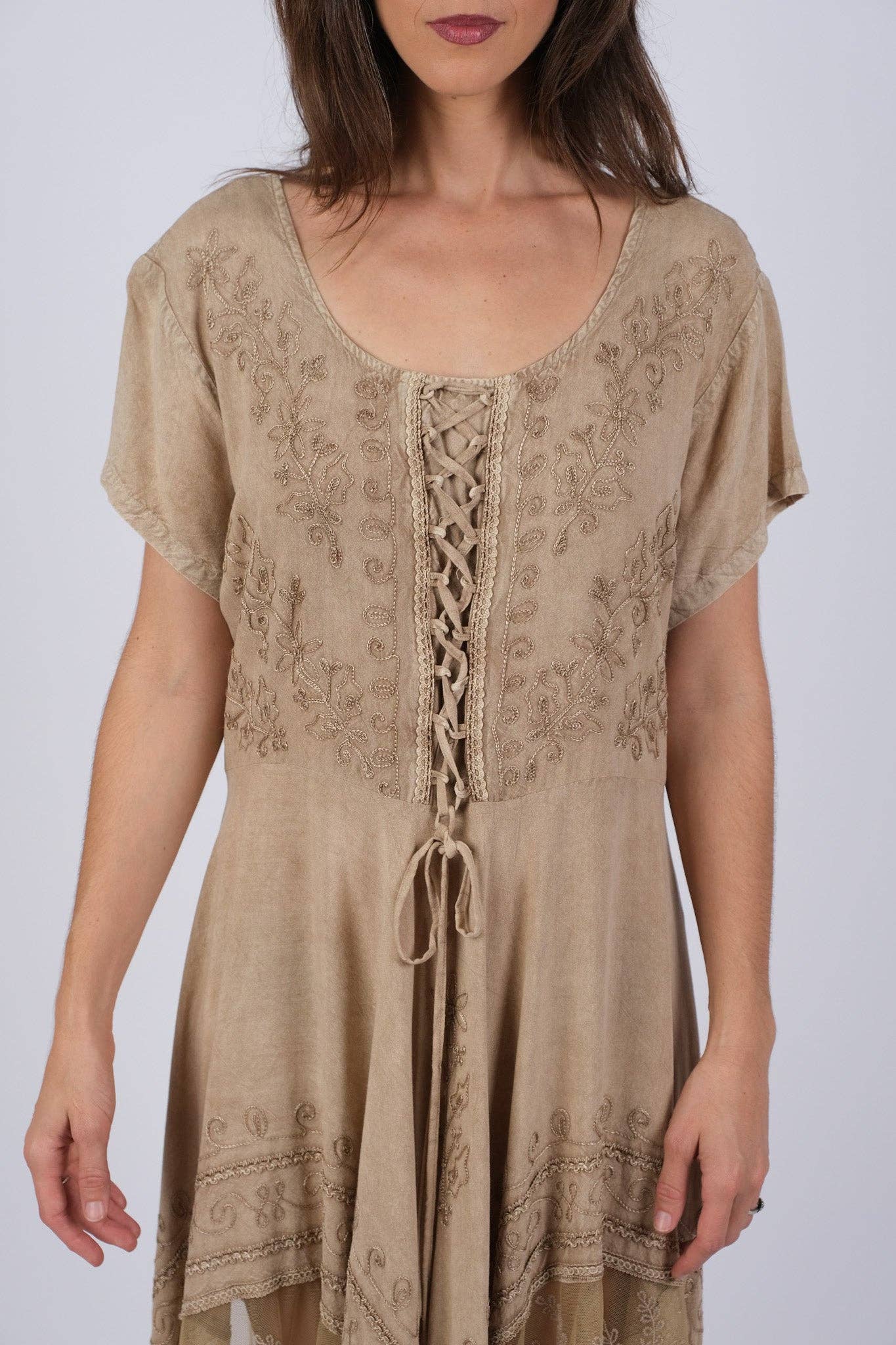 Sacred Threads - Wholesale Dress - Women's - Embroidered Artisan Camel Dress with Lace3