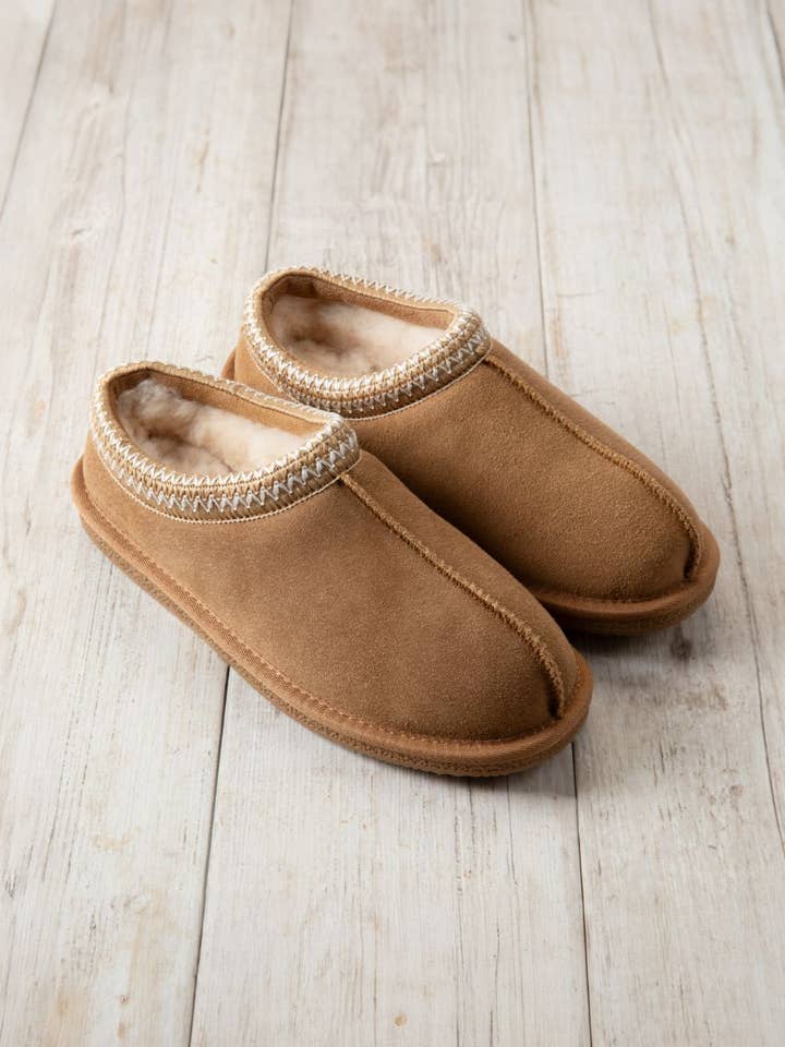 Suede Sheepskin Short Boot Slippers - Tan for wholesale by Chelsea Peers