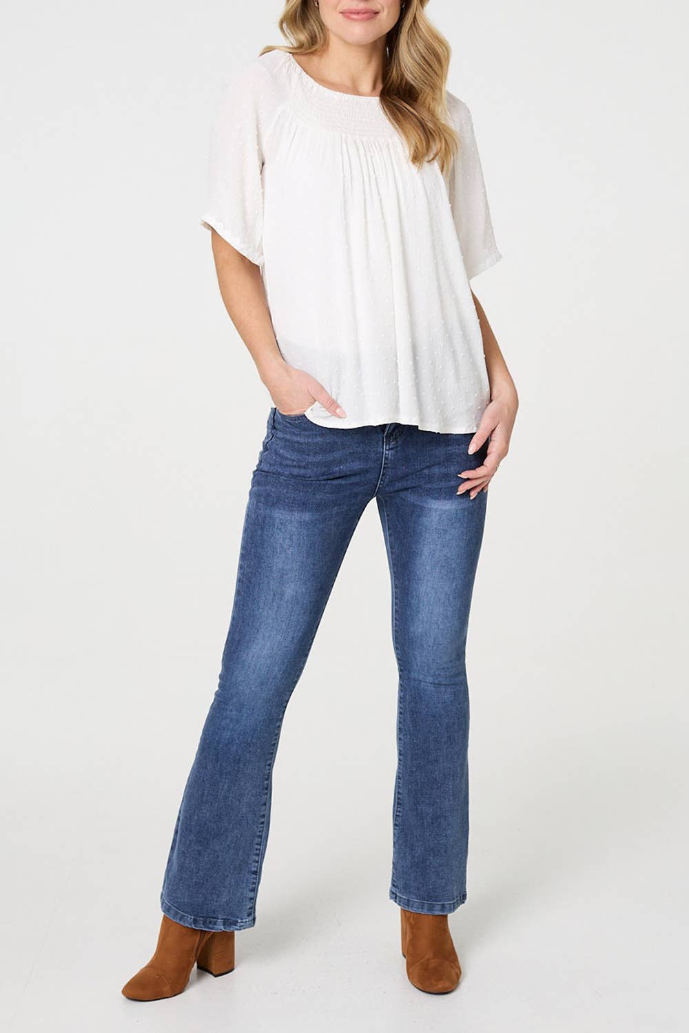 Blanco Top Bardot Fruncido con Textura y Manga 1/2 de venta al por mayor en Faire