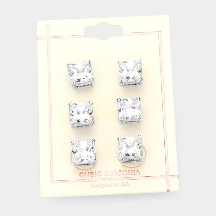 Sensibling Corp. - Wholesale Stud/Post Earrings - 3Pairs - CZ Square Stone Stud Earrings