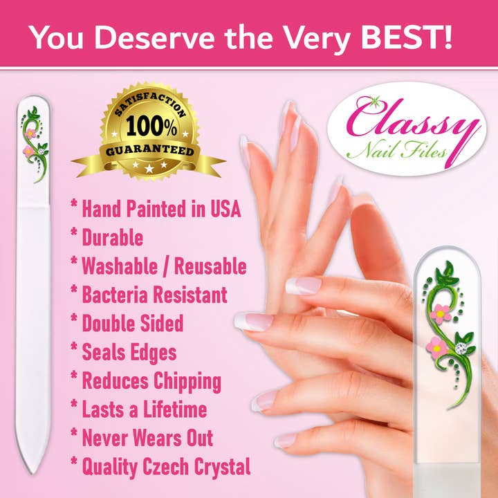 Classy Nail Files – Lima de unhas por atacado – Lima de Unhas de Cristal Pintada à Mão com Flores Swarovski Pretty Posie2